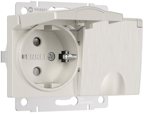 Розетка с заземлением без рамки Werkel 1-м. 2-мод. крышка шторки IP44 перламутровый рифленый картинка